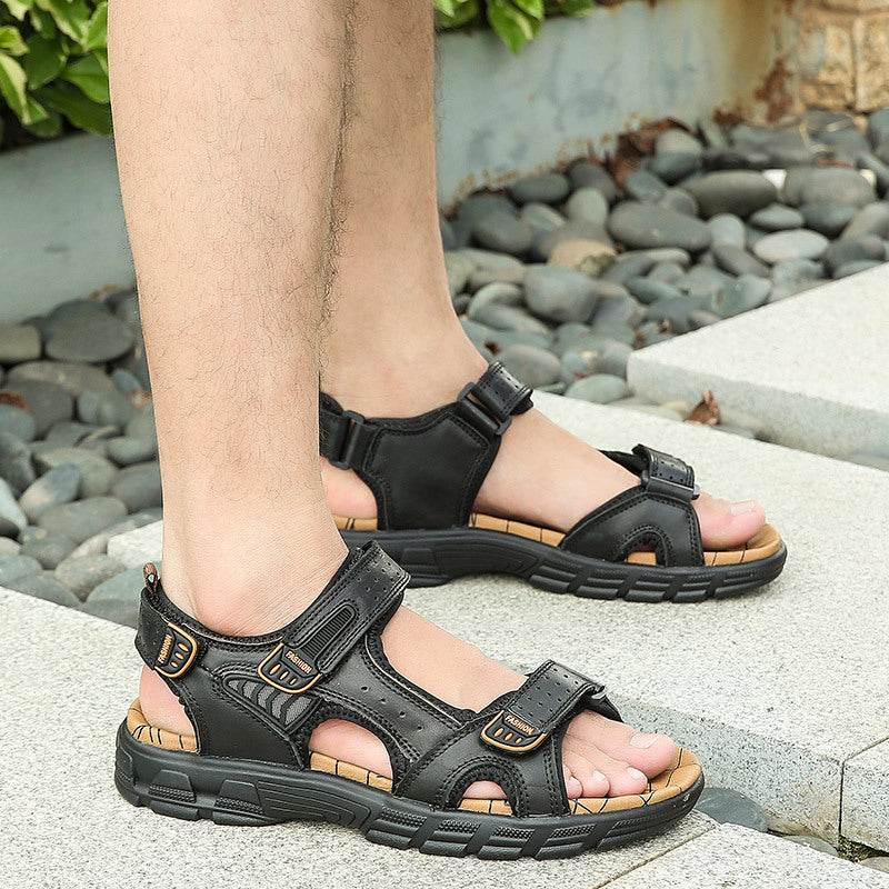 Men's Cowhide Open Toe Sandals - Casual Beach Style with Velcro Straps - Buy Center