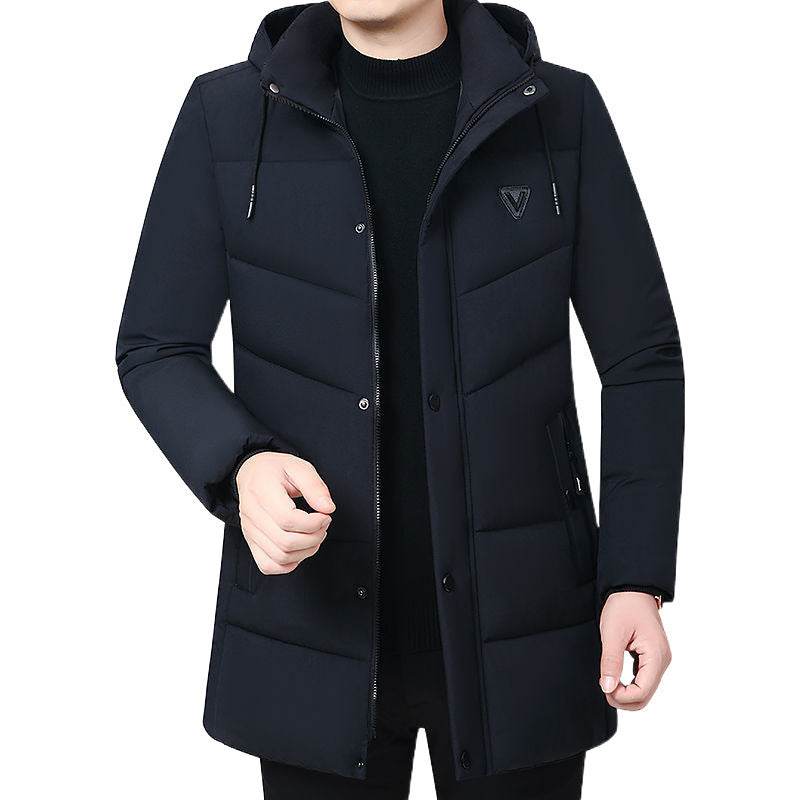 Thickened Men's Winter Coat - Stylish V-Neck Jacket in Black & Dark Blue - Buy Center