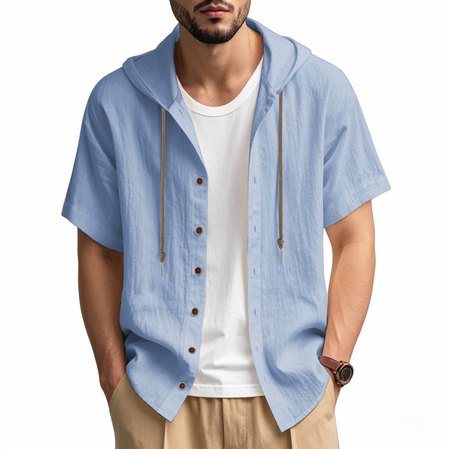 Buycenter Men's Loose Hooded Shirt - Casual Linen Top for Everyday Style - Buy Center