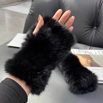 Sweet Warm Rex Rabbit Fur Gloves - Cozy Half Finger Design for Winter - Buy Center
