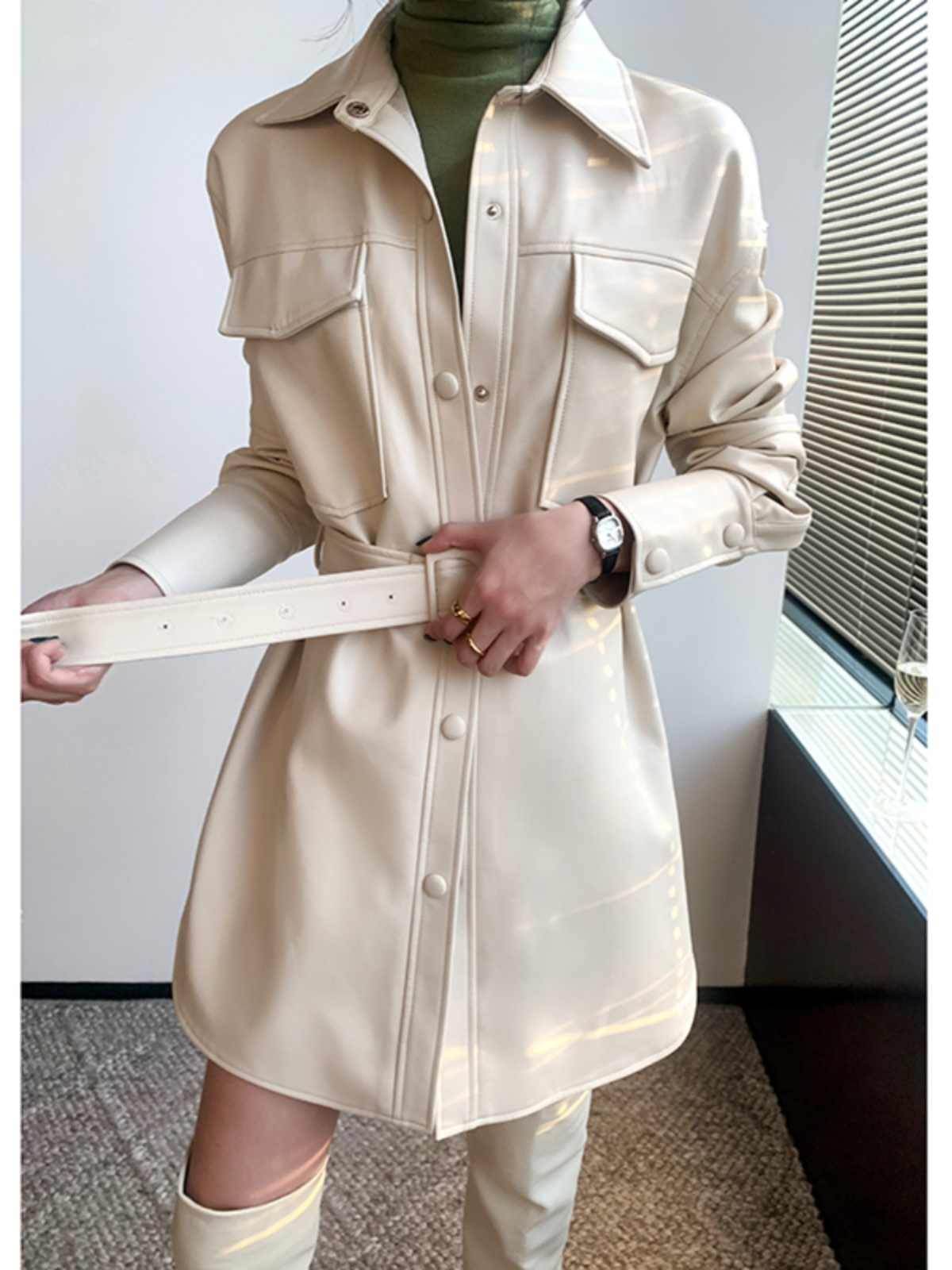 Women's Retro White Leather Coat - Chic Mid-Length Blouse Style 2025 - Buy Center