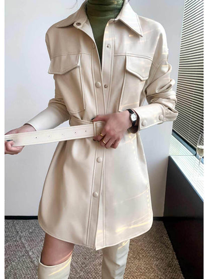 Women's Retro White Leather Coat - Chic Mid-Length Blouse Style 2025 - Buy Center