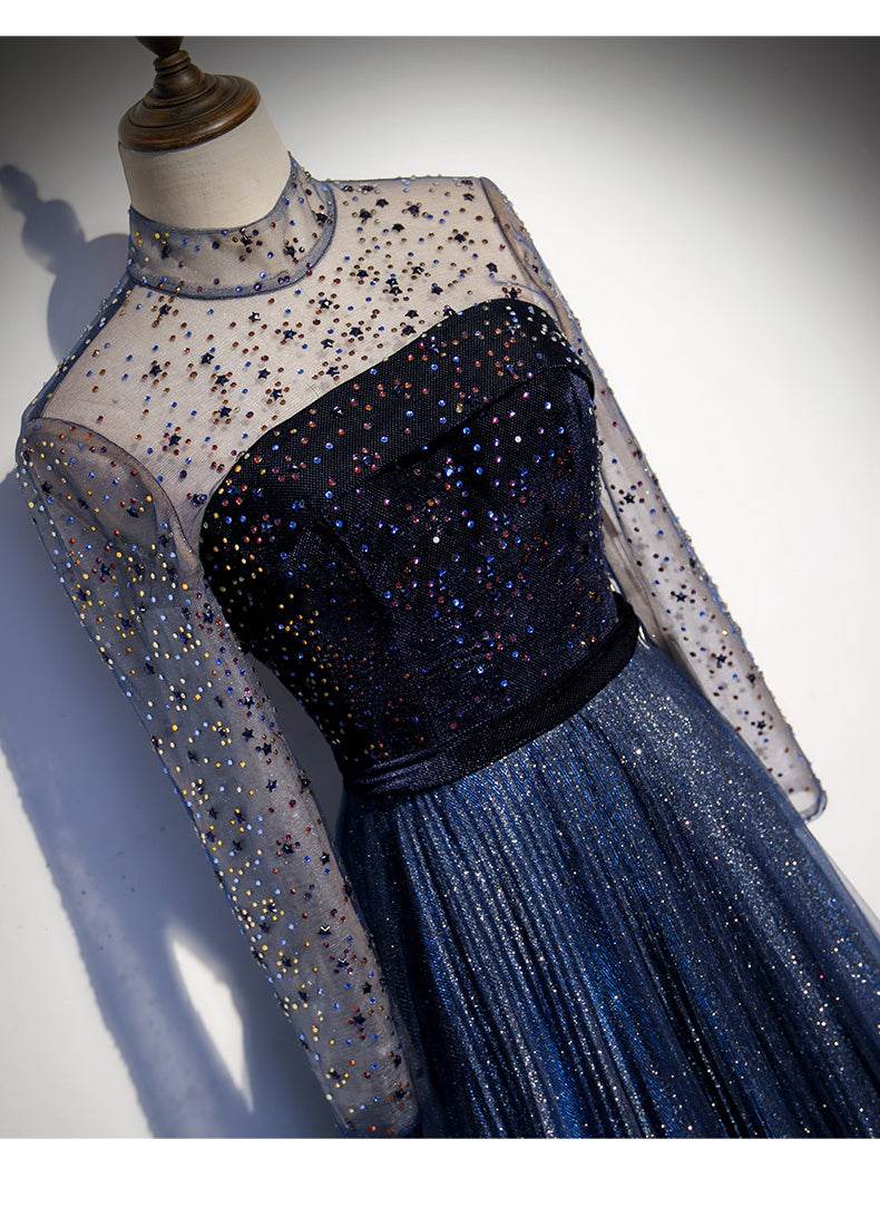High-End Celebrity Long Tail Dress - Navy Blue Sequin Evening Gown - Buy Center
