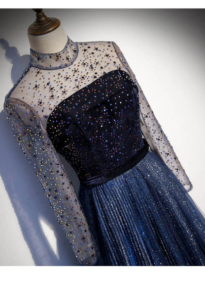 High-End Celebrity Long Tail Dress - Navy Blue Sequin Evening Gown - Buy Center