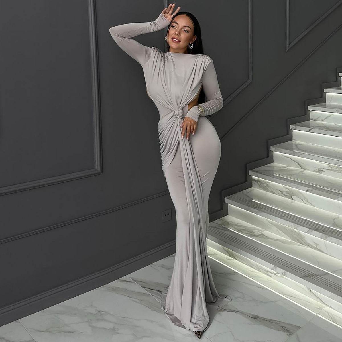 Women’s Long Sleeve Slimming Dress - Elegant Evening Wear in Black & Gray - Buy Center