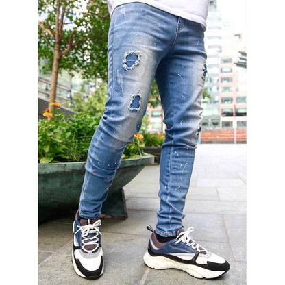 Trendy Splash-Ink Skinny Men's Jeans - Light Blue Low Waist Style - Buy Center