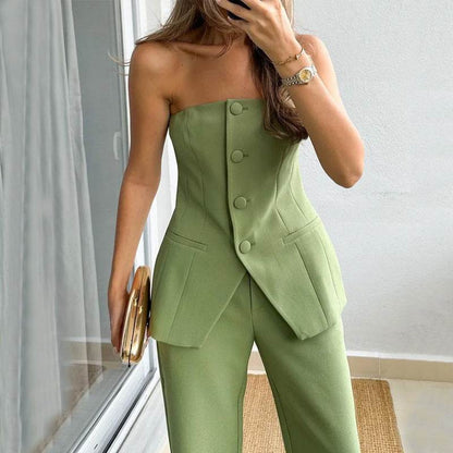 Elegant Casual Tailored Suit - Stylish Tube Top & Trousers for Women - Buy Center