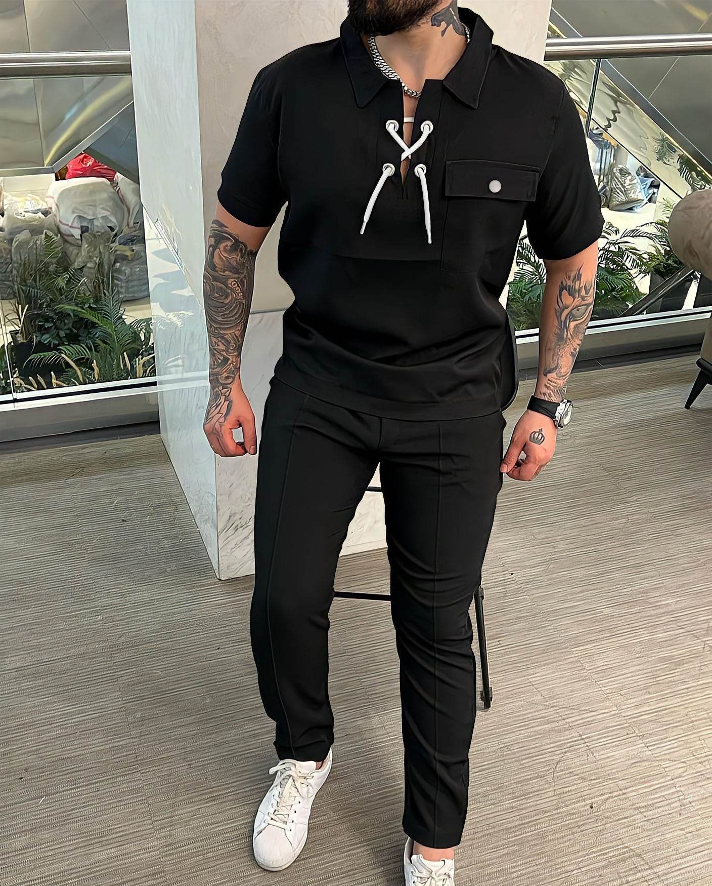 Buycenter Men's Casual Geometric T-shirt and Trousers Set - Short Sleeve - Buy Center