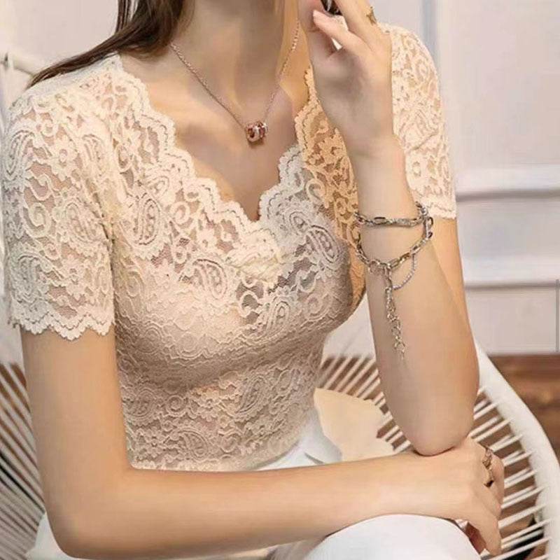 Ladies V-Neck Hollow Lace Short Sleeve Shirt - Slim Fit & Stylish Accents - Buy Center