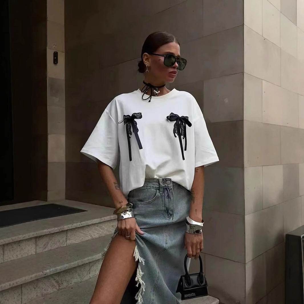 Millennium Women's Lace Stitching T-Shirt - Bowknot Short Sleeve Style - Buy Center