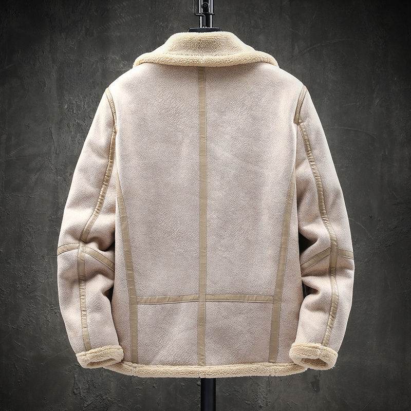 Short Lapel Men's Lamb Wool Jacket - Padded Plus Velvet in Khaki & Black - Buy Center