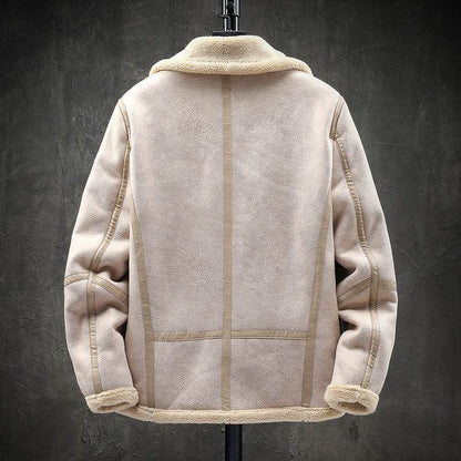 Short Lapel Men's Lamb Wool Jacket - Padded Plus Velvet in Khaki & Black - Buy Center