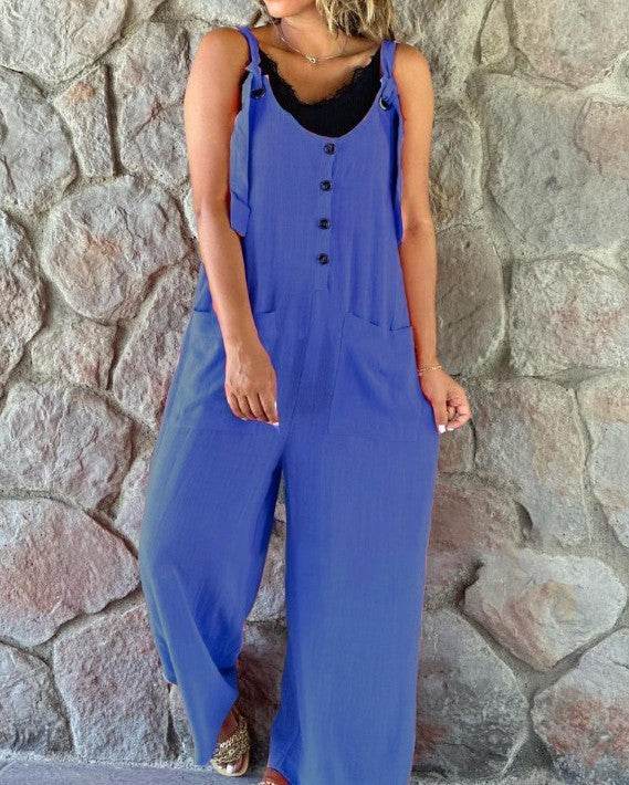 Women's Casual Button Suspender Pants - Chic Cotton-Linen Blend Style - Buy Center