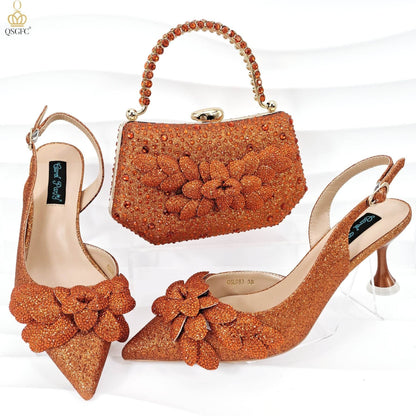 Handmade Leaf Decorative Evening Shoes Bag Set – Stylish Wine Glass Heel - Buy Center