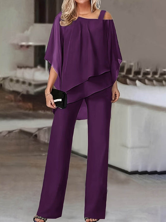 Elegant Off-Shoulder Asymmetrical Blouse & Pants Set - Purple Casual - Buy Center