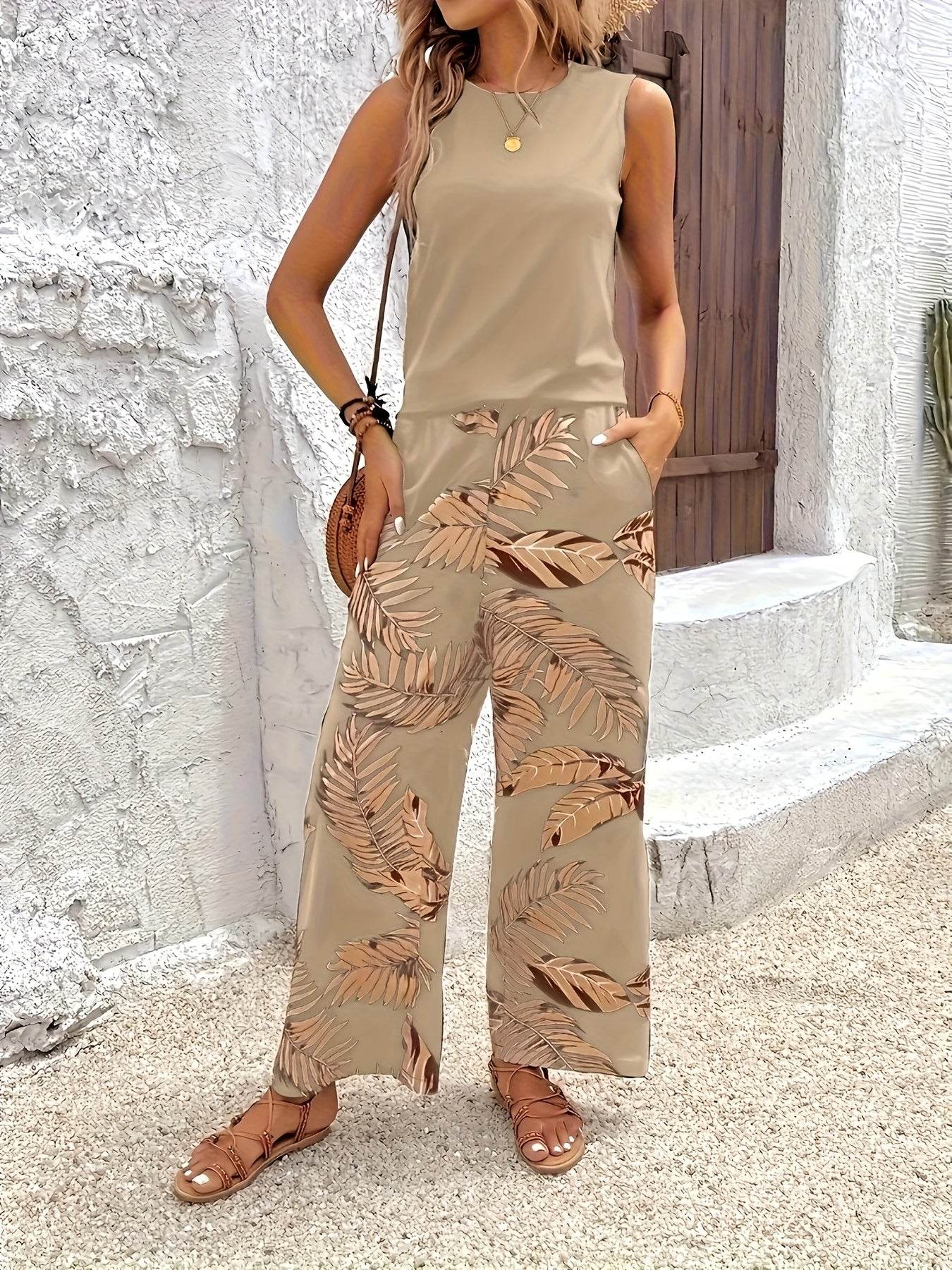 Elegant Two-Piece Floral Set - Sleeveless Top & Printed Pants - Buy Center