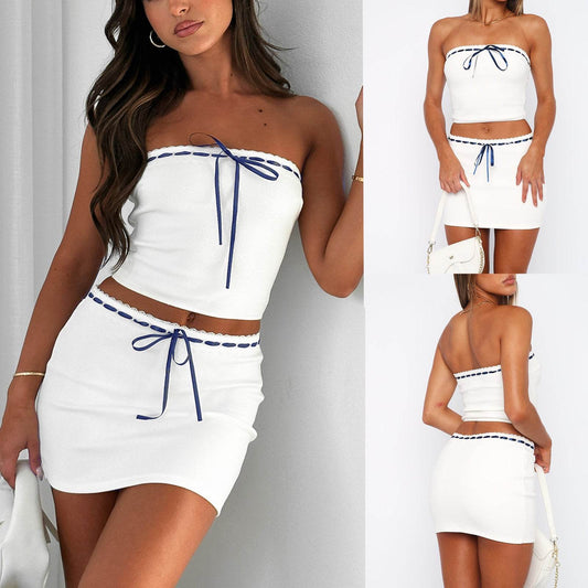 Buycenter Slim-fit Floral Lace-up Tube Top Jumpsuit - Short Skirt - Buy Center