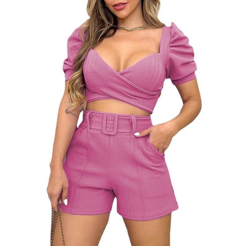 Buycenter Spring Puff Sleeve Short Shirt Jumpsuit - Casual Women's Set - Buy Center
