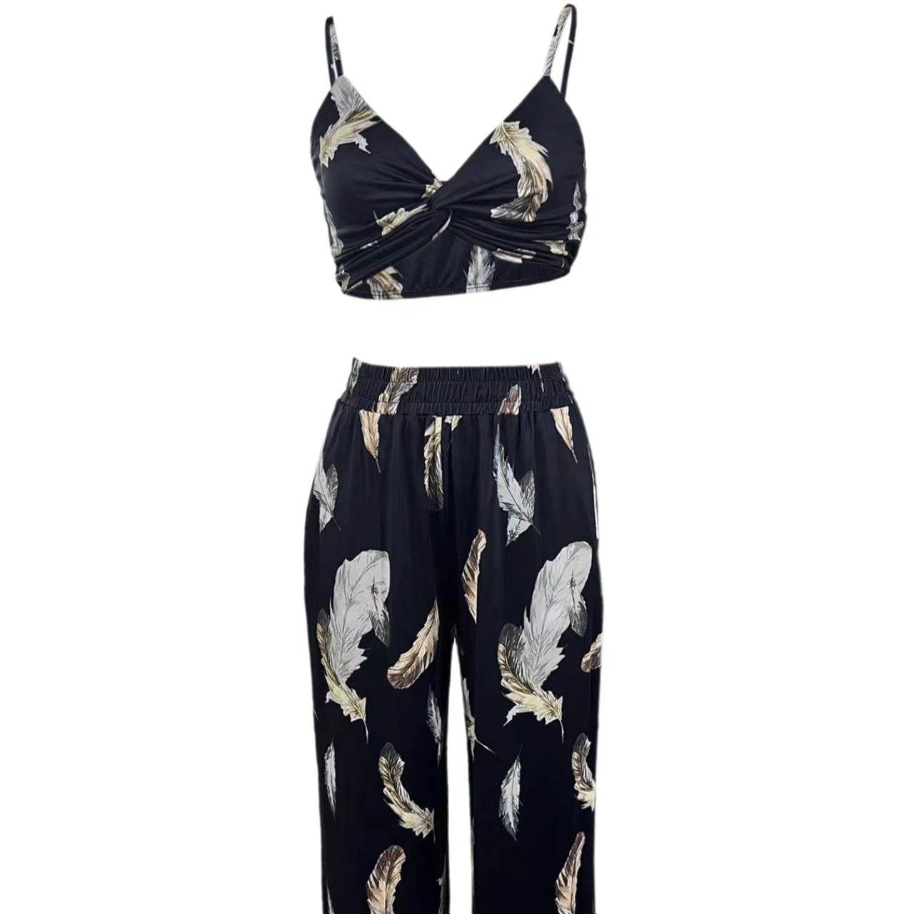 Buycenter Ladies' High Waist Drawstring Pants - Feather Flower Print Set - Buy Center