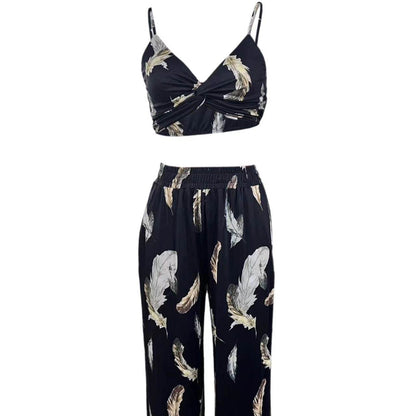 Buycenter Ladies' High Waist Drawstring Pants - Feather Flower Print Set - Buy Center