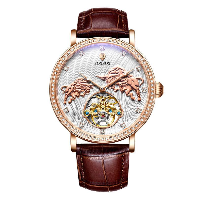 Men's Diamond Mechanical Watch - Waterproof 43mm Dial, Stylish Leather Strap - Buy Center