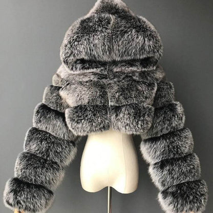 Trendy Short Hood Fox Fur Women's Coat - Stylish Faux Fur & Leather - Buy Center