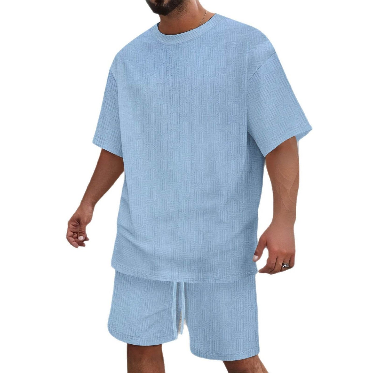 Sky Blue Men's Casual T-shirt Shorts Suit - Comfortable Polyester Set - Buy Center