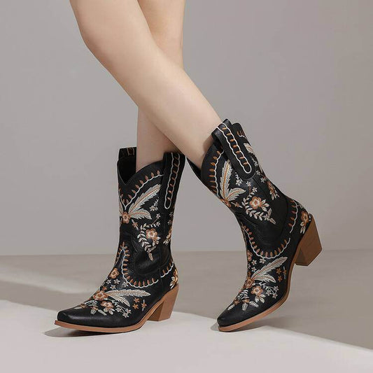 Buycenter Chunky Heel Cowboy Boots - Embroidered Knee-high Woman's Footwear - Buy Center