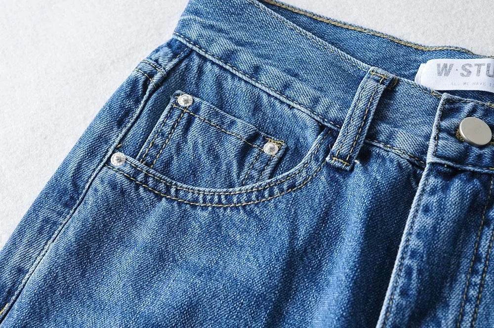 High Waist Light Blue Denim Straight Trousers with Holes - Street Style - Buy Center