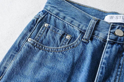 High Waist Light Blue Denim Straight Trousers with Holes - Street Style - Buy Center