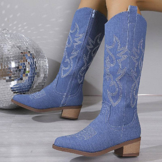 Buycenter Women's Chunky Heel Boots - Embroidered Round Head Design - Buy Center