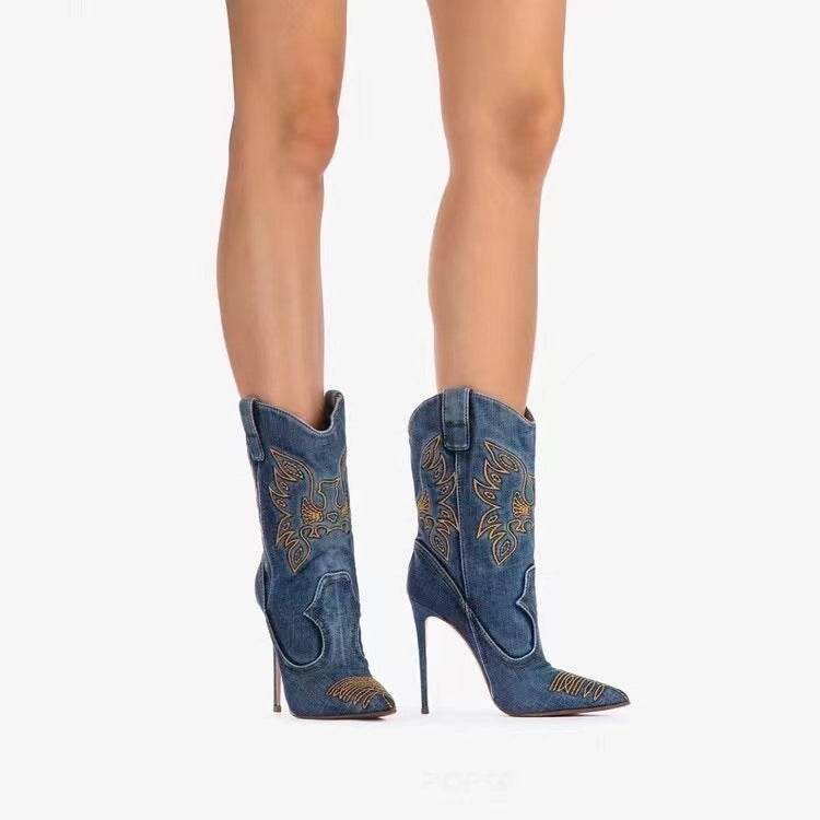 Stylish Women's Western High-Heel Boots - Stiletto, Denim & PU - Buy Center