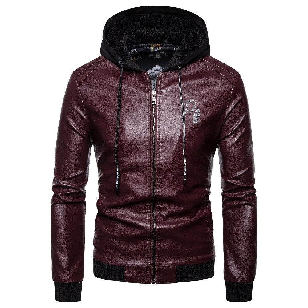 Buycenter Men's Hooded Leather Coat - Premium Winter Style in Black & Wine Red - Buy Center