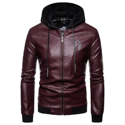 Buycenter Men's Hooded Leather Coat - Premium Winter Style in Black & Wine Red - Buy Center
