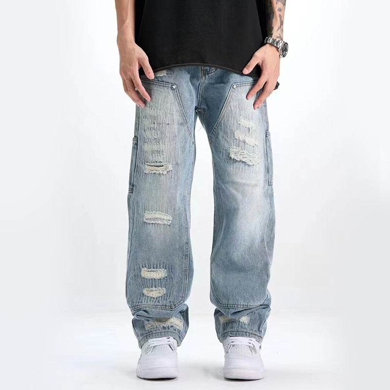 Buycenter Men's Ripped Jeans - Washed & Frayed Light Blue Casual Style - Buy Center