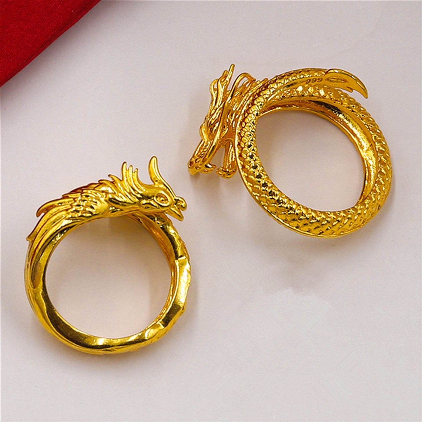 Dragon and Phoenix Lovers Ring - Adjustable Gold Plated Copper Jewelry - Buy Center