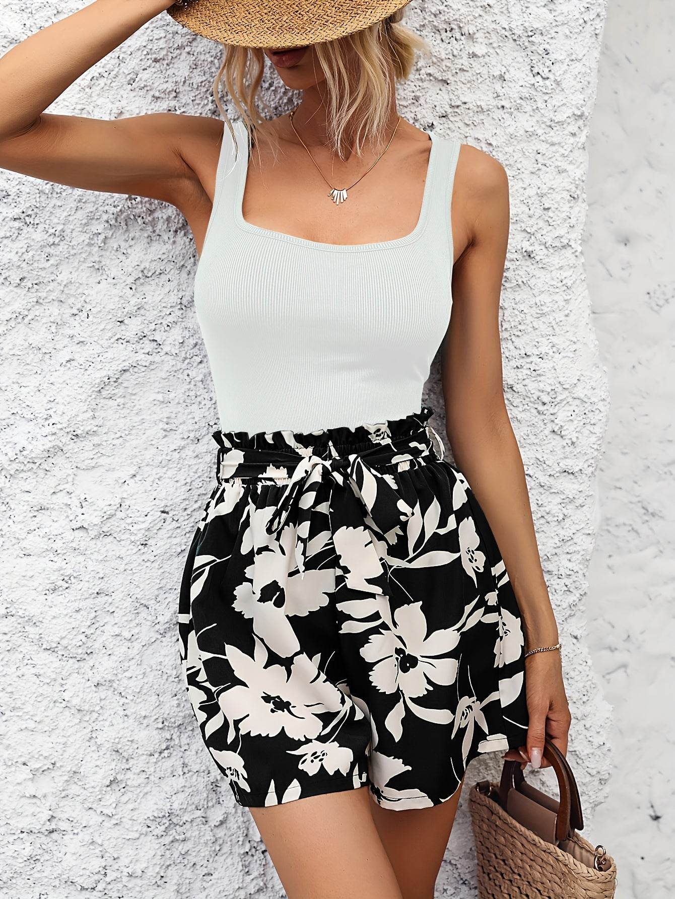 Striped Vest & Floral Shorts Set - Perfect Vacation Outfit - Buy Center