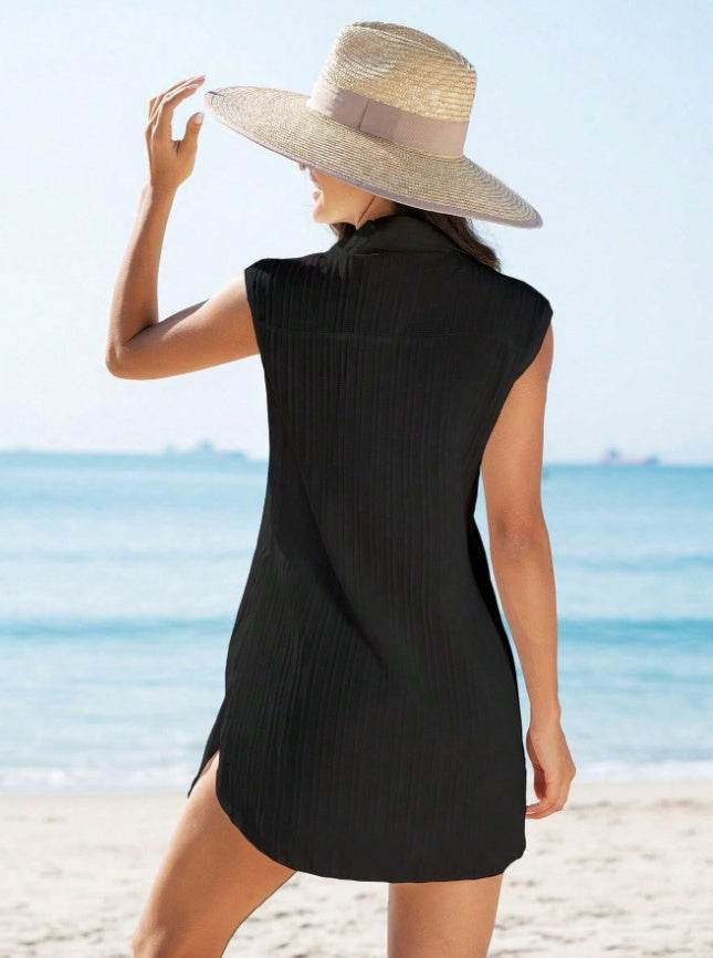 Buycenter Women's Solid Black Cover Up Shirt Dress - Notched Collar Design - Buy Center