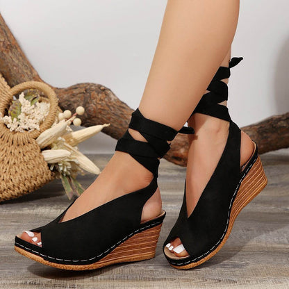 Women's Peep Toe Fashion Sandals - Winding Tape Design in Black & Khaki - Buy Center