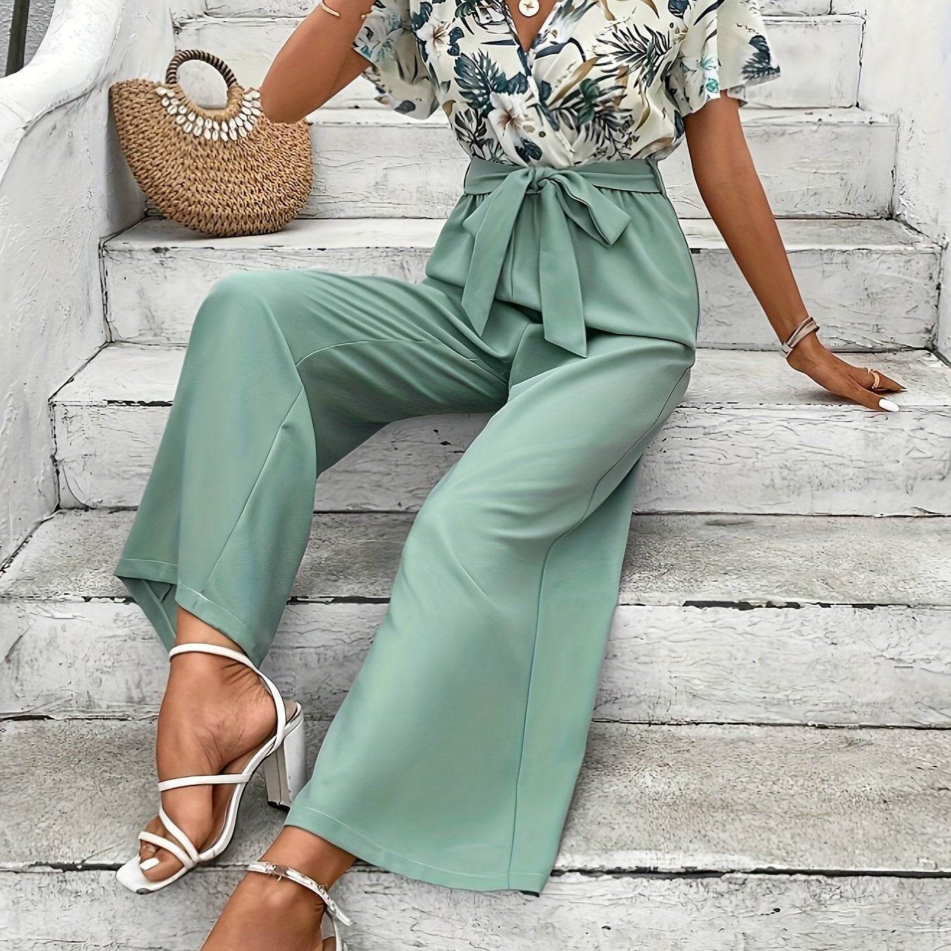Women's Floral V-Neck Top & Wide-Leg Pants Suit Set - Casual Style - Buy Center