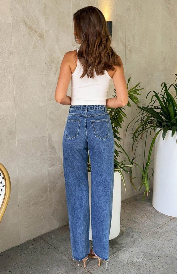 Women's Oblique Waist Frayed Hem Jeans - Trendy Straight-Leg Style 2025 - Buy Center