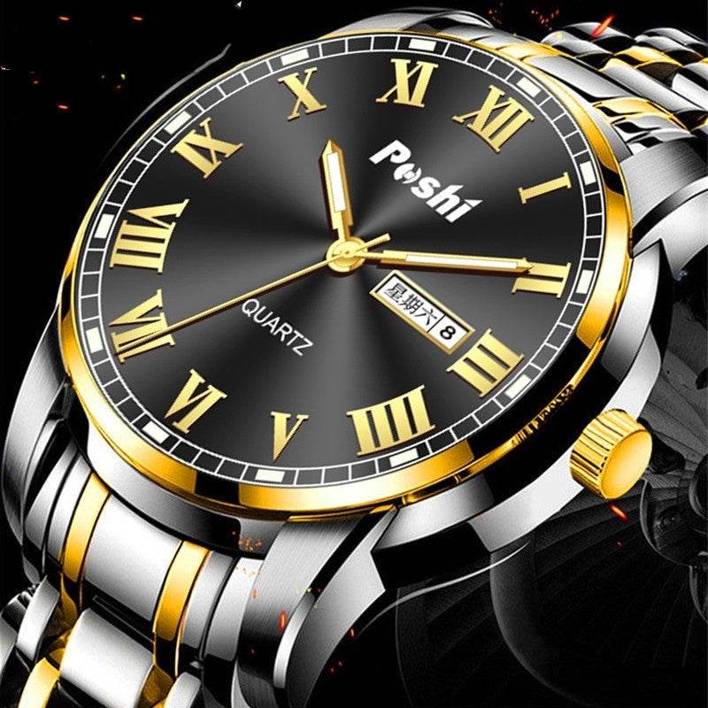 Men's Steel Band Quartz Watch - Luminous, Waterproof, Double Calendar - Buy Center