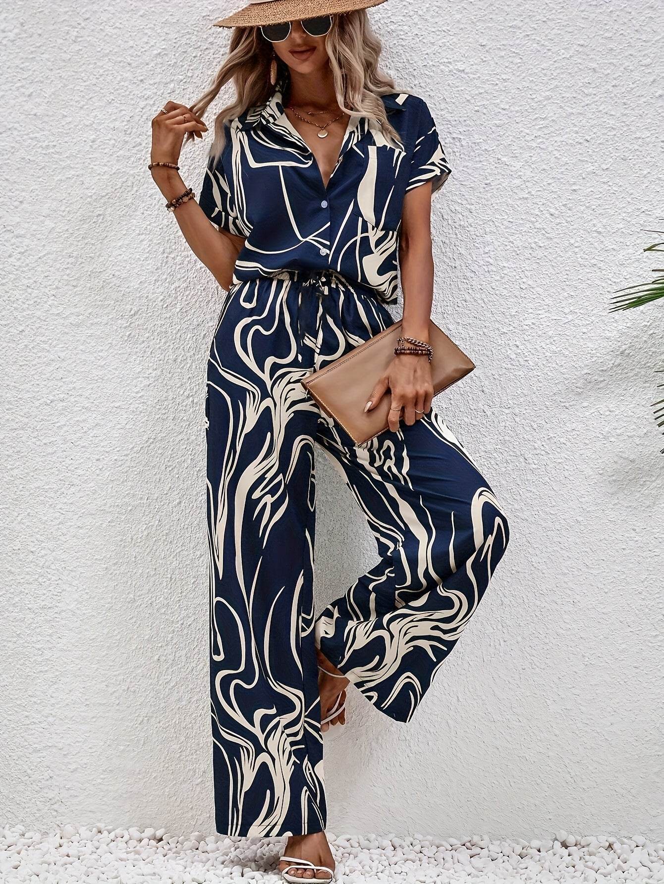 Women's Abstract Print Short Sleeve Shirt & Trousers Set - Casual Style - Buy Center