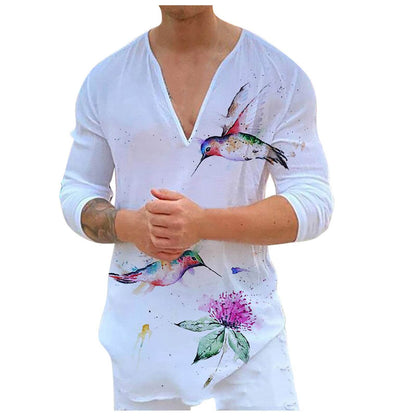 Men's V-Neck Casual Print Long Sleeve T-Shirt - Slim Fit Cotton Blend 2025 - Buy Center