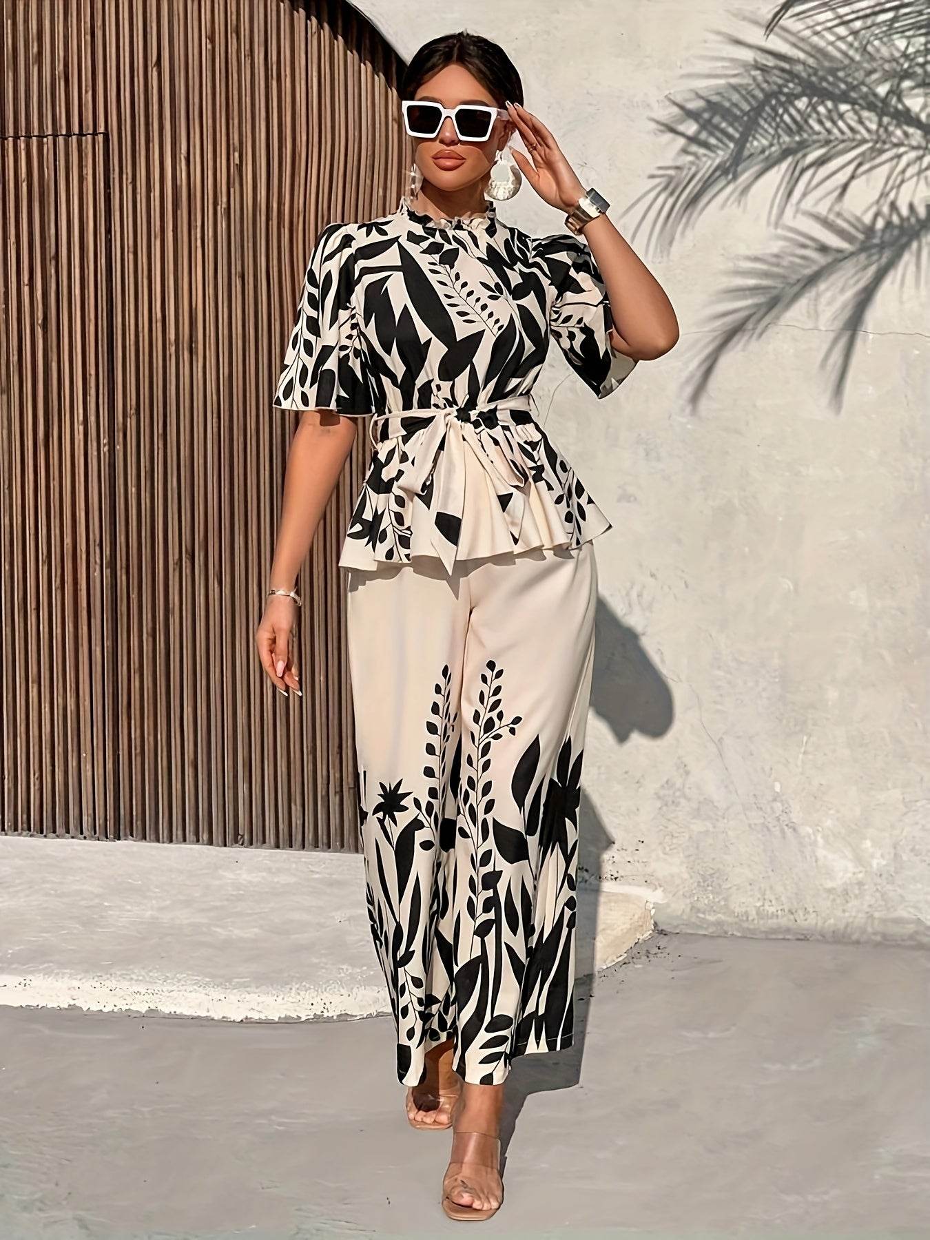 Elegant Floral Print Women's Pants Set - Short Sleeve, Wide Leg - Buy Center