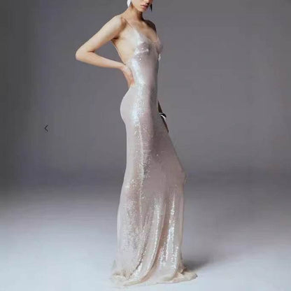 Elegant Silver Sling Dress - High-Waisted Evening Wear for Socialites - Buy Center