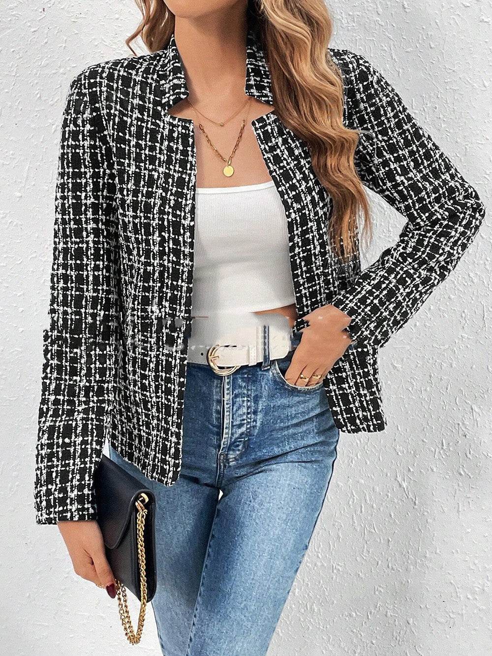 Buycenter Elegant Plaid Suit Jacket for Women - Slim Fit Blazer - Buy Center