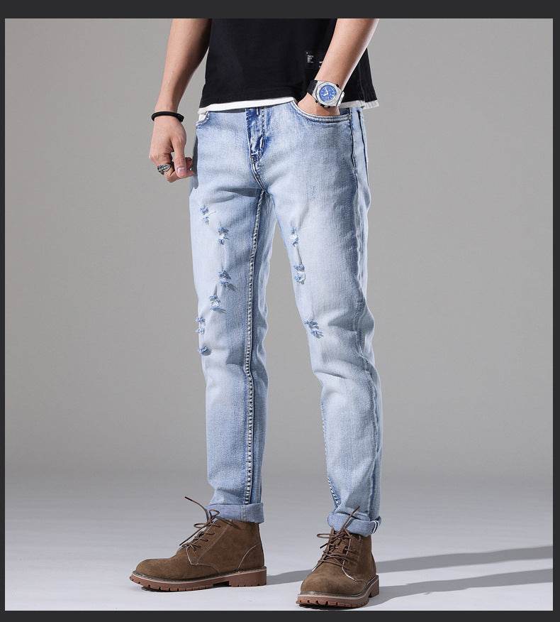 Men's Slim-Fit Ripped White Jeans - Casual Mid Waist Summer Pants - Buy Center