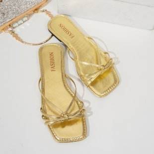 Women's Square Toe Slippers - Thin Strap, Rubber Sole Comfort in Gold - Buy Center