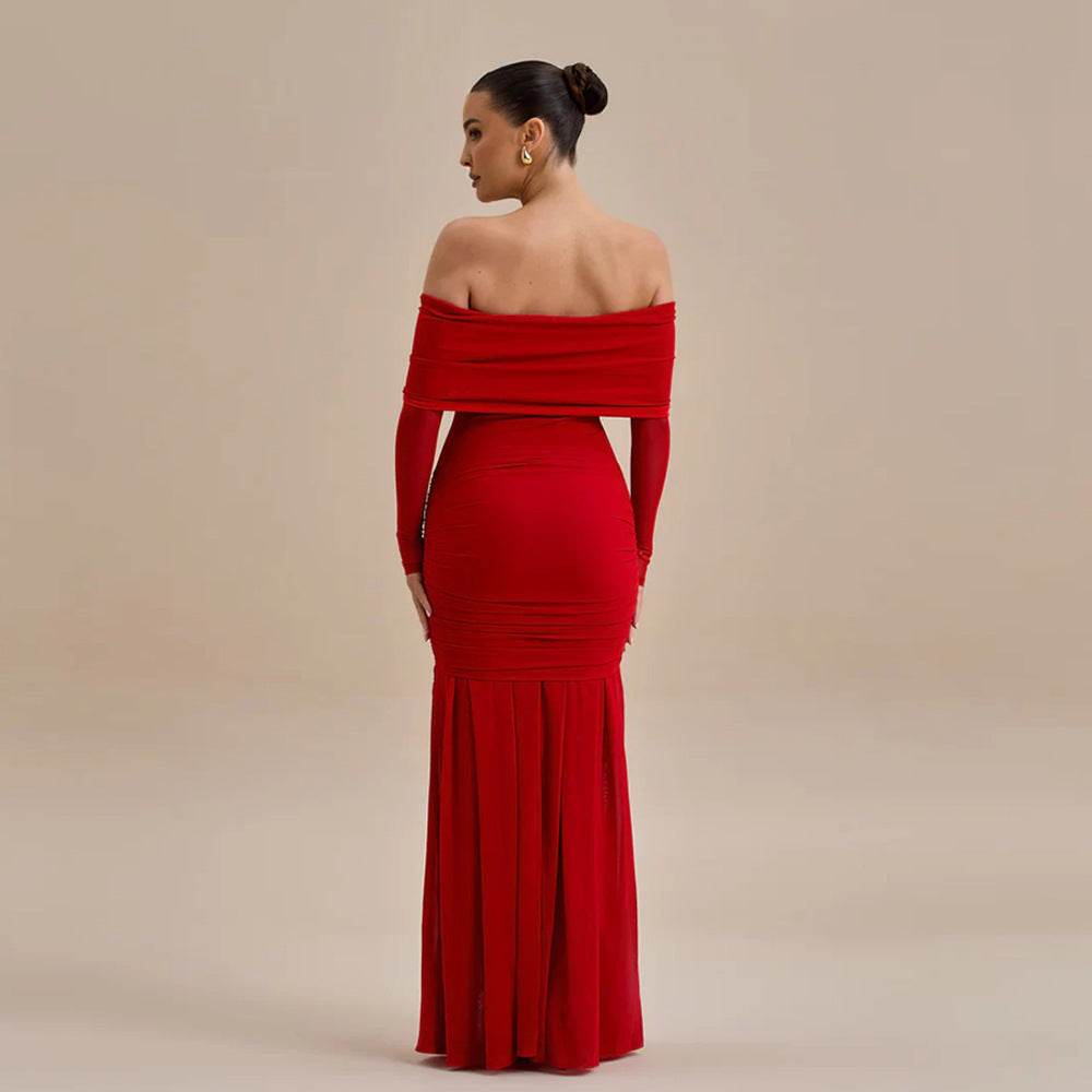 Buycenter Off-Shoulder Pleated Dress - Elegant High Waist Floral Style - Buy Center